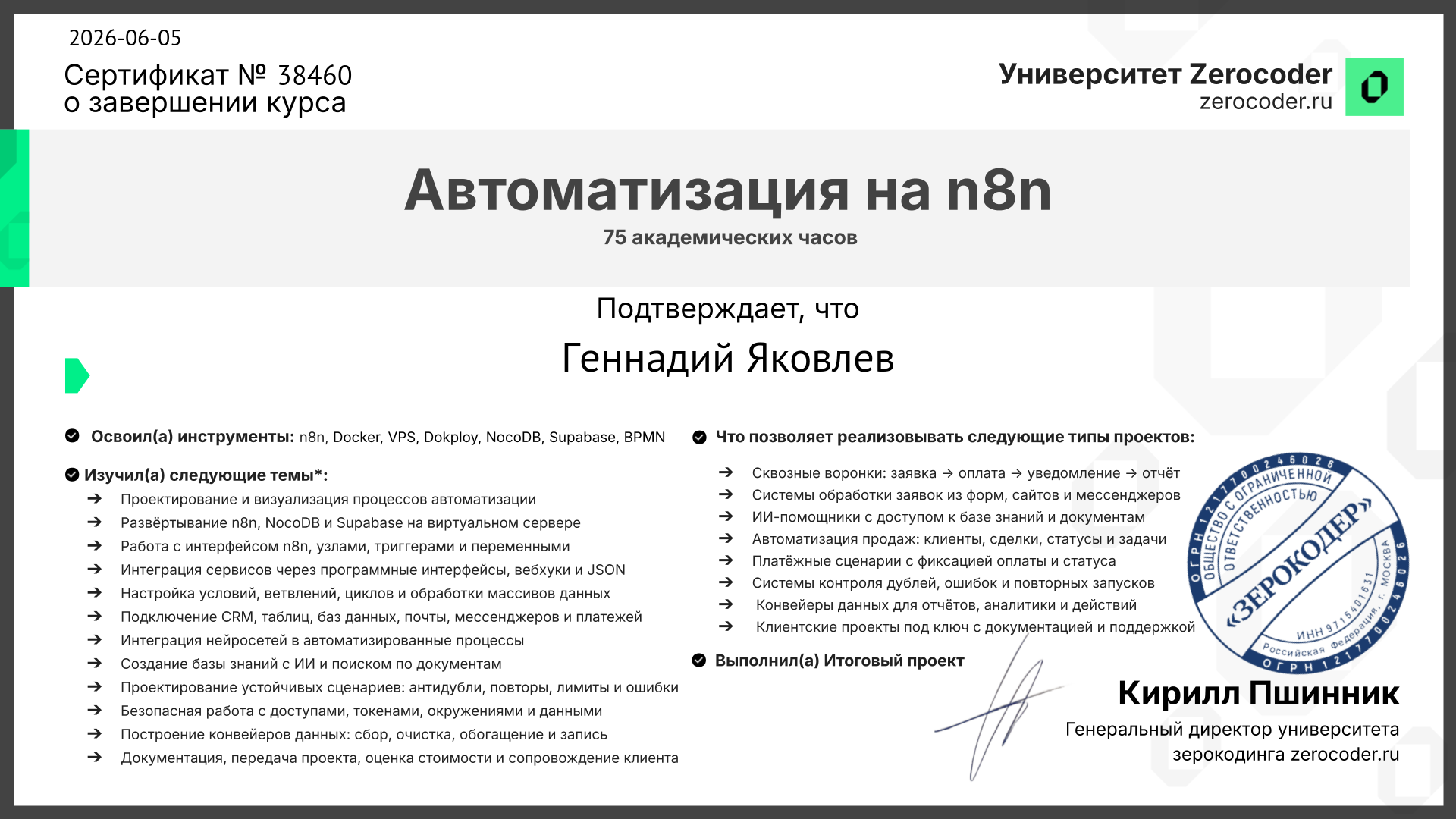 Сертификат N8N